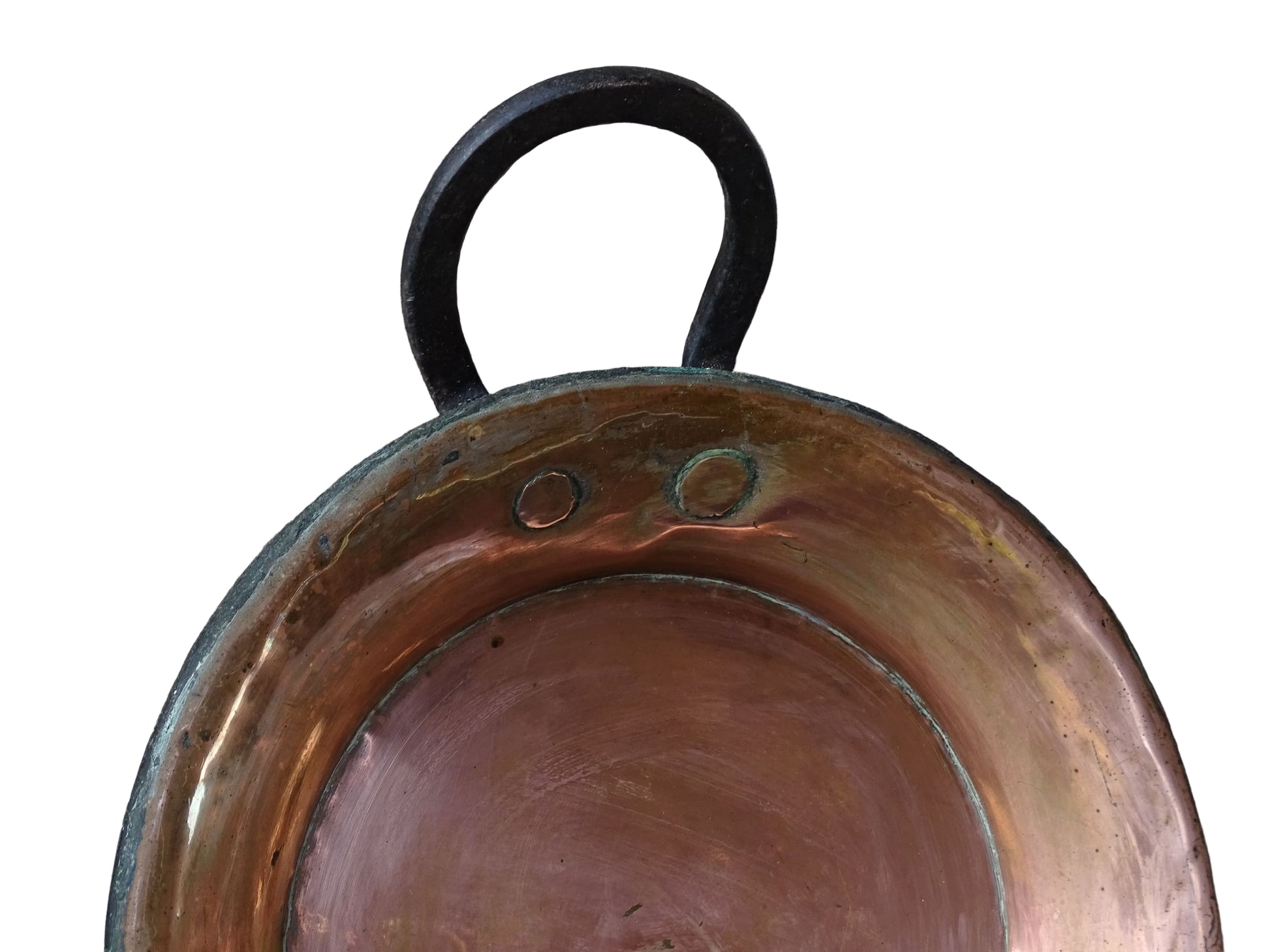 French antique copper pan with a wrought iron handle. 