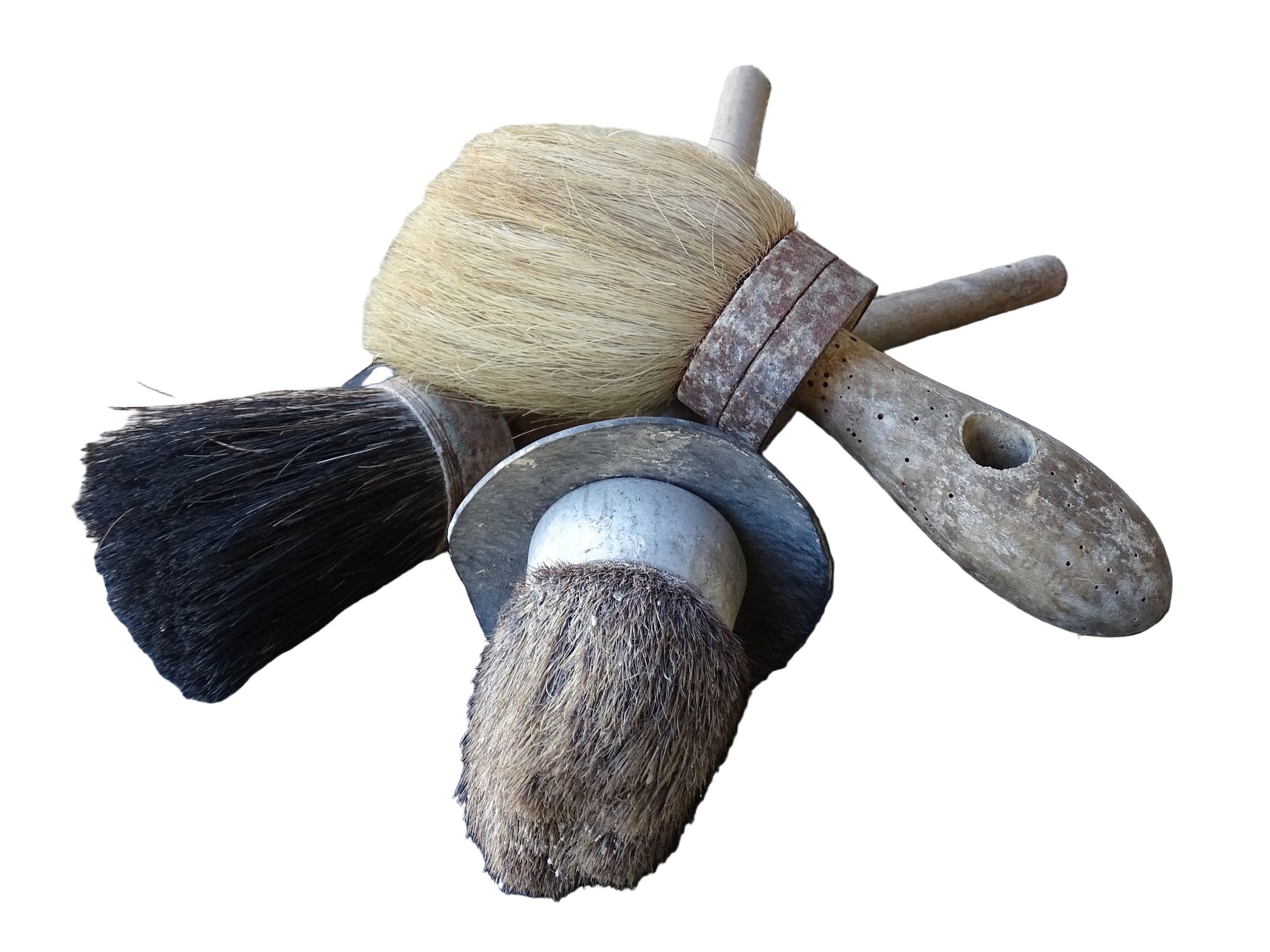 Three old French vintage paint brushes with wooden handles and horse hair brushes.