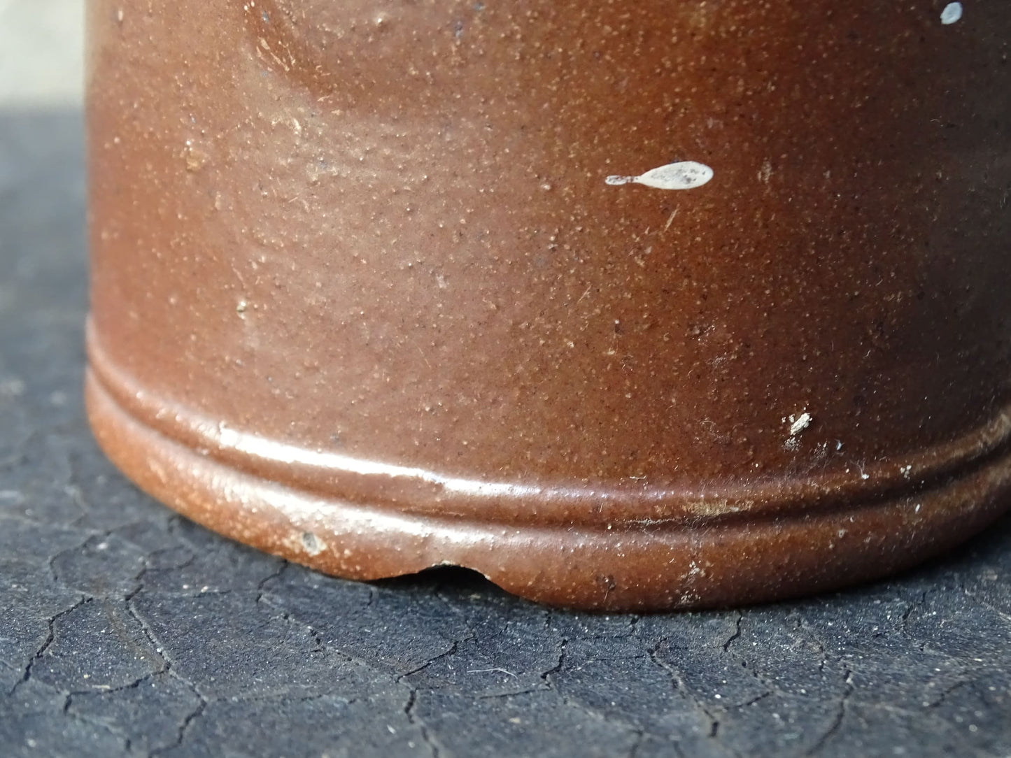 Antique salt glazed stoneware bottle, with a raised lion medallion on the shoulder and a loop handle. Bottle with textured surface and deep brown glaze. 