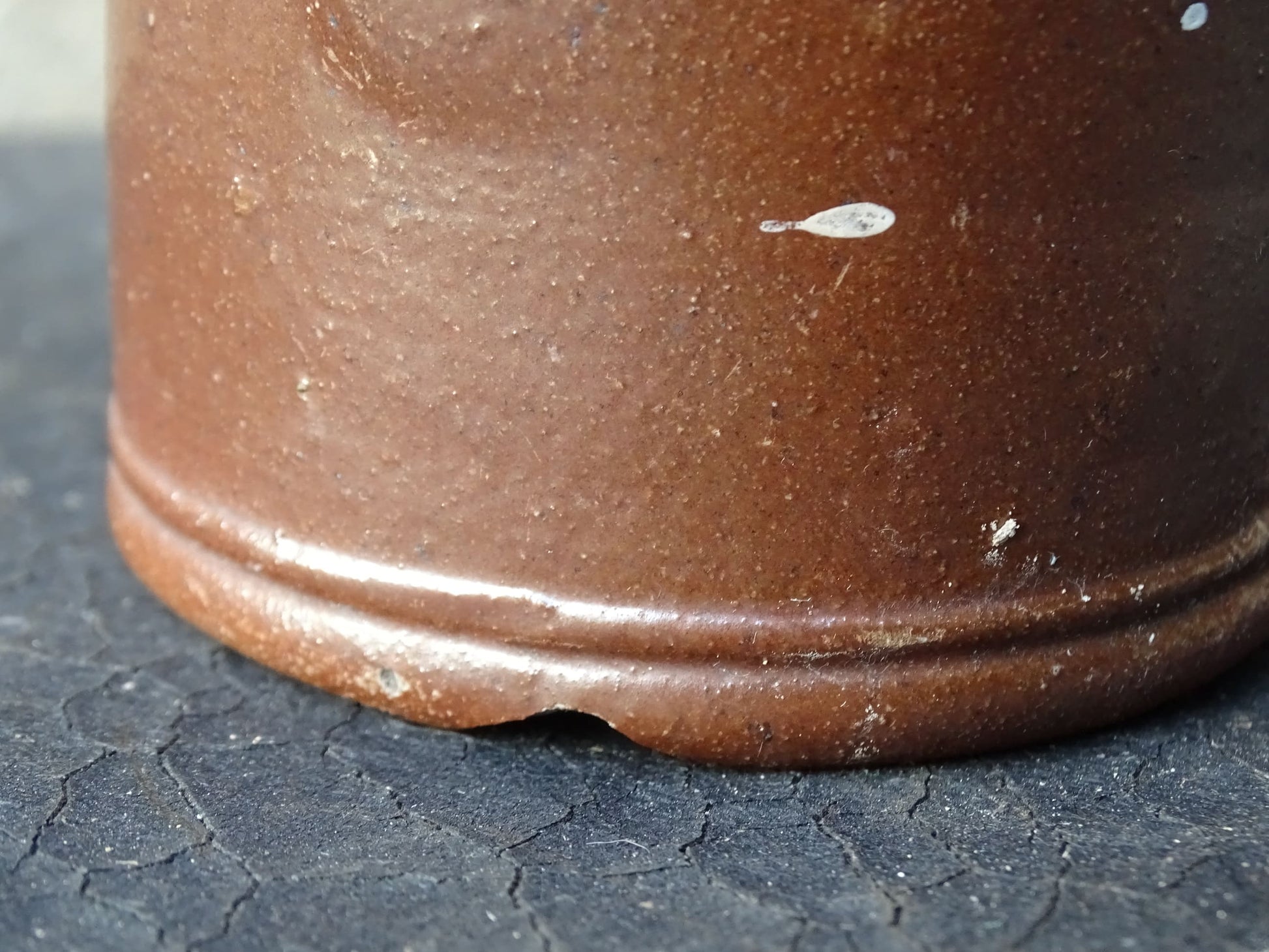 Antique salt glazed stoneware bottle, with a raised lion medallion on the shoulder and a loop handle. Bottle with textured surface and deep brown glaze. 