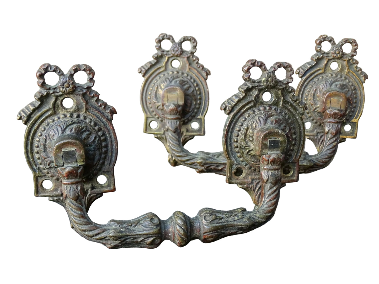 Pair of French antique gilt bronze drawer pulls with ribbon detailing, signed L.Pinet. Nineteenth century ormolu handles. 