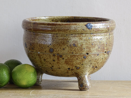 French vintage ceramic colander with brown glaze and three feet