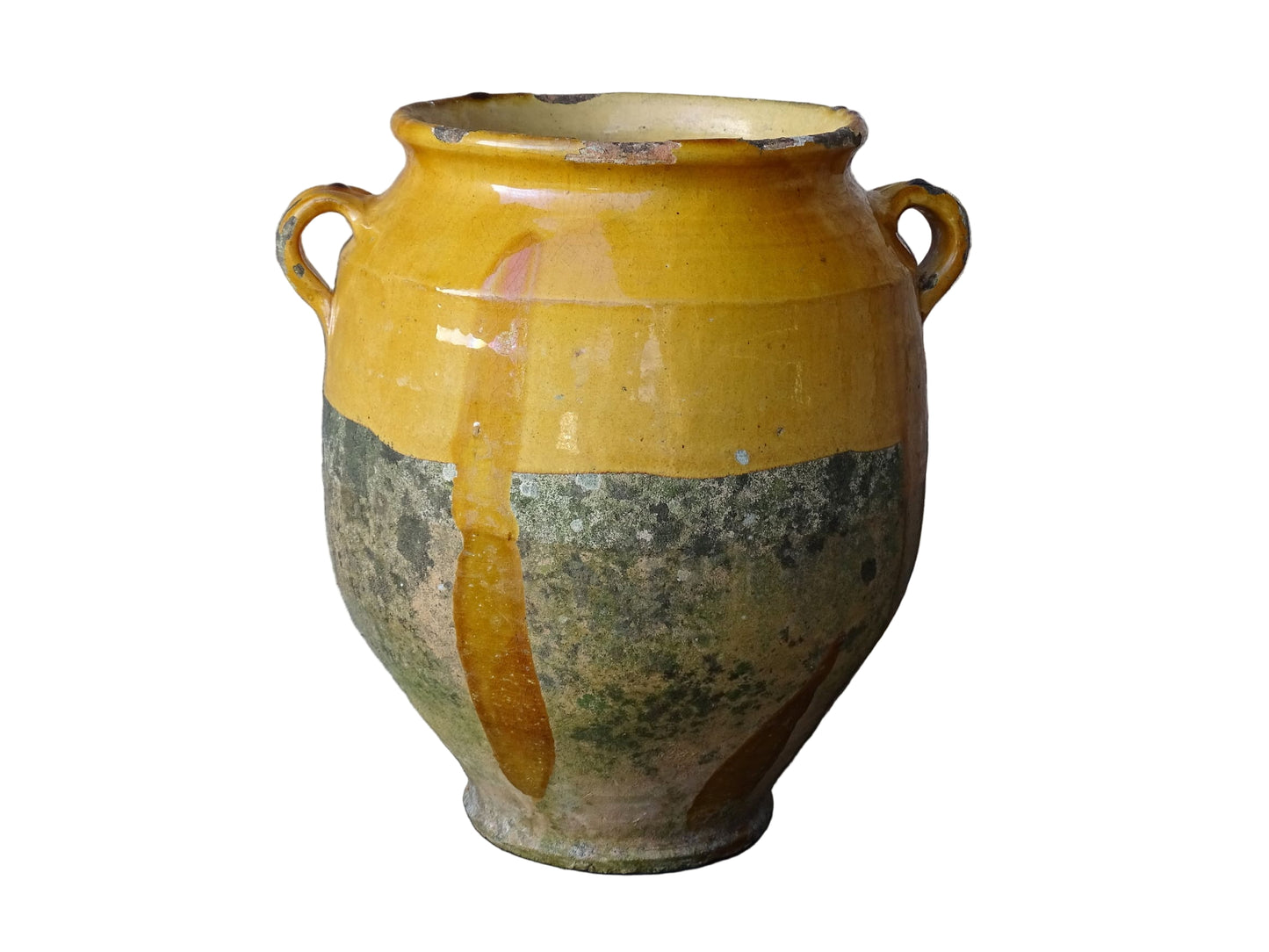 French antique confit pot with mustard yellow glaze. Terracotta jar with two handles. 