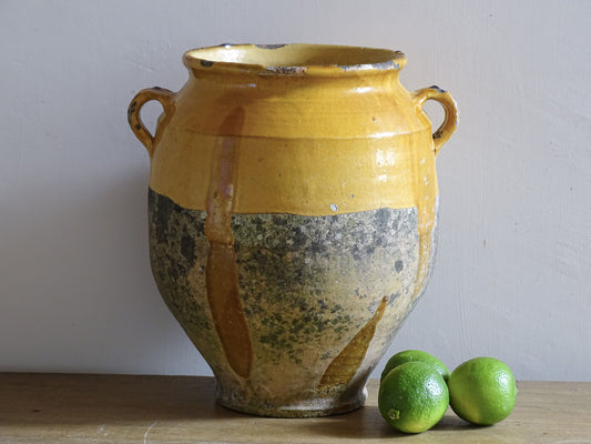 French antique confit pot with a mustard yellow glaze