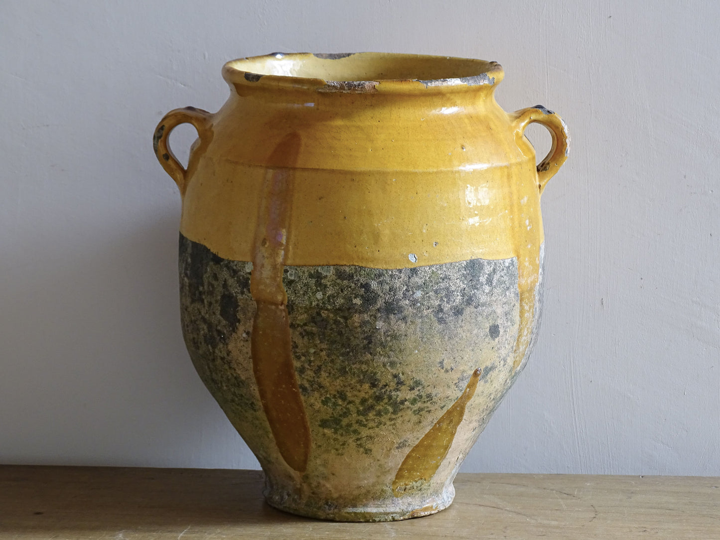 French antique confit pot with a mustard yellow glaze