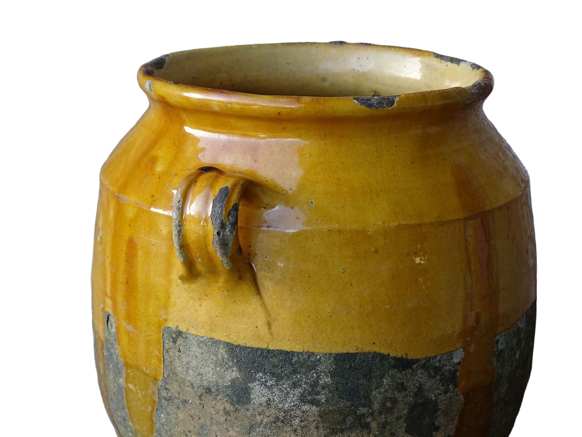 French antique confit pot with mustard yellow glaze. Terracotta jar with two handles. 