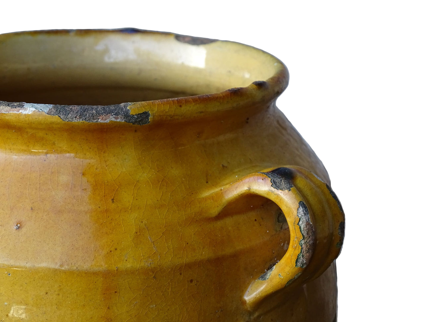 French antique confit pot with mustard yellow glaze. Terracotta jar with two handles. 