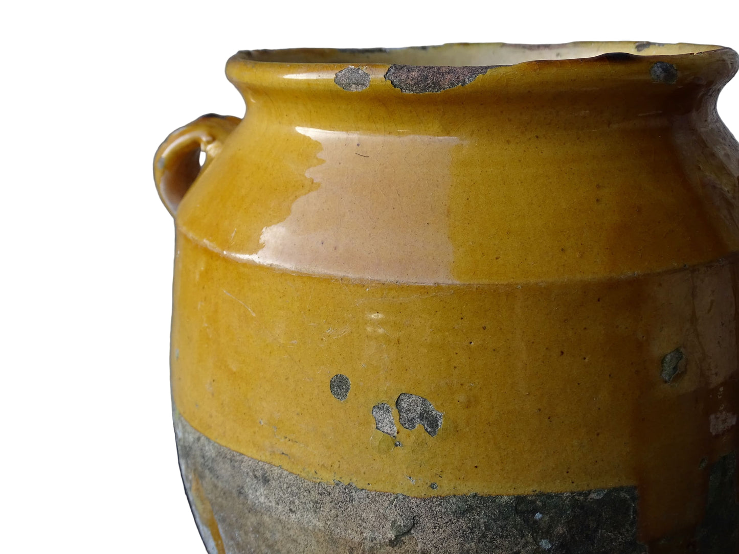 French antique confit pot with mustard yellow glaze. Terracotta jar with two handles. 