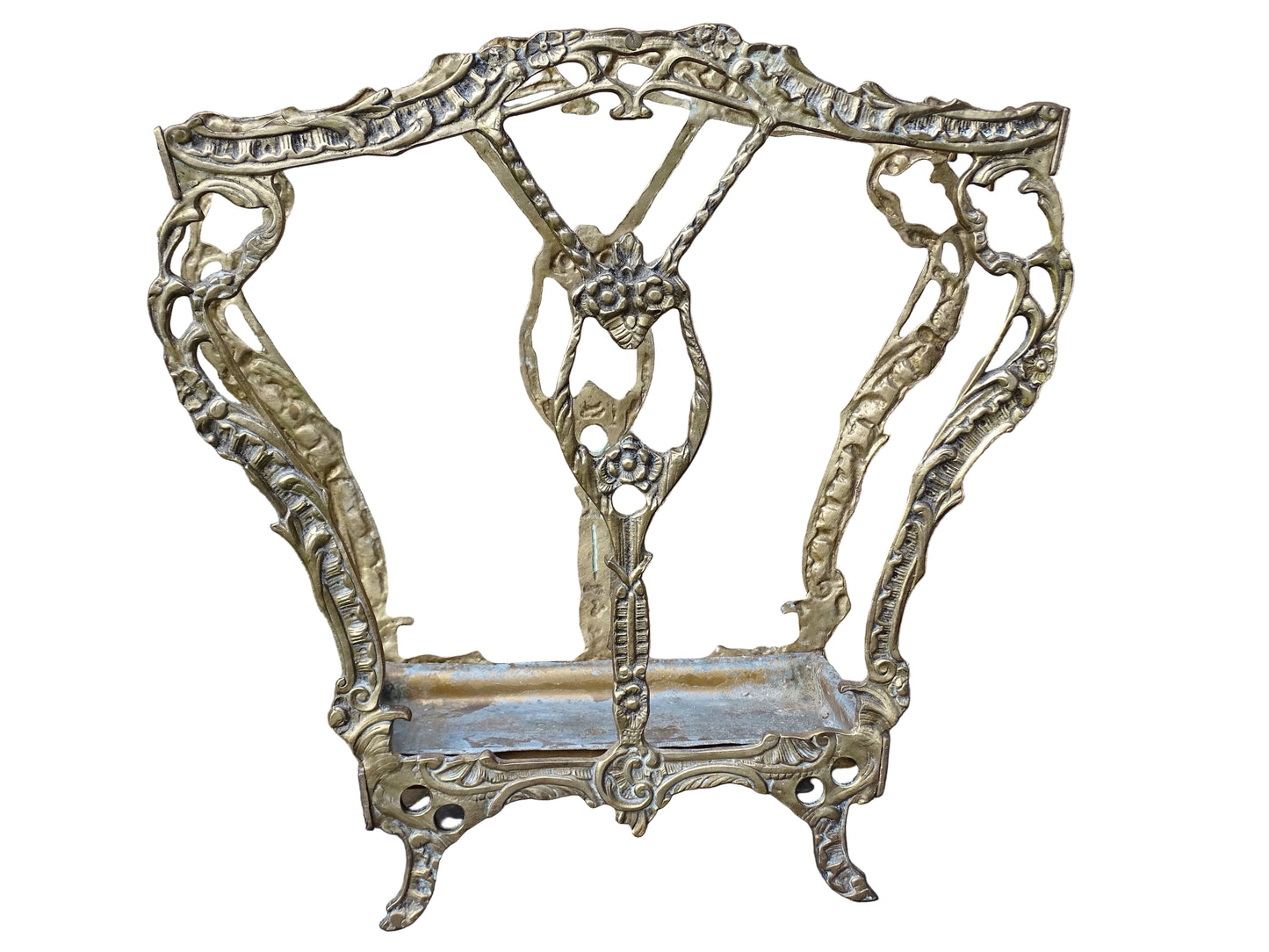 French vintage umbrella stand in gold with flower detailing.