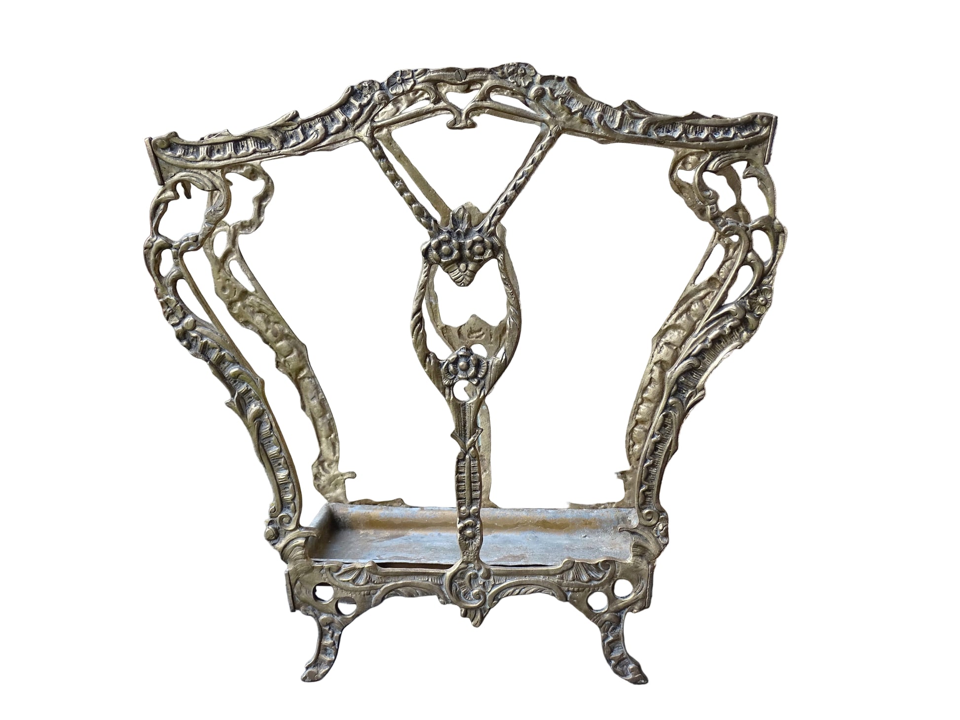 French vintage umbrella stand in gold with flower detailing.