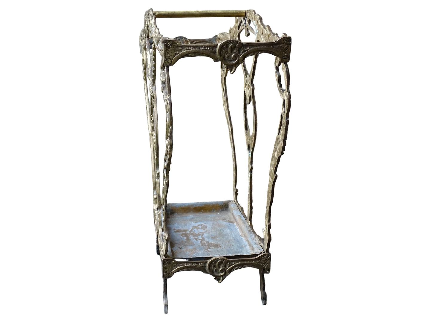 French vintage umbrella stand in gold with flower detailing.