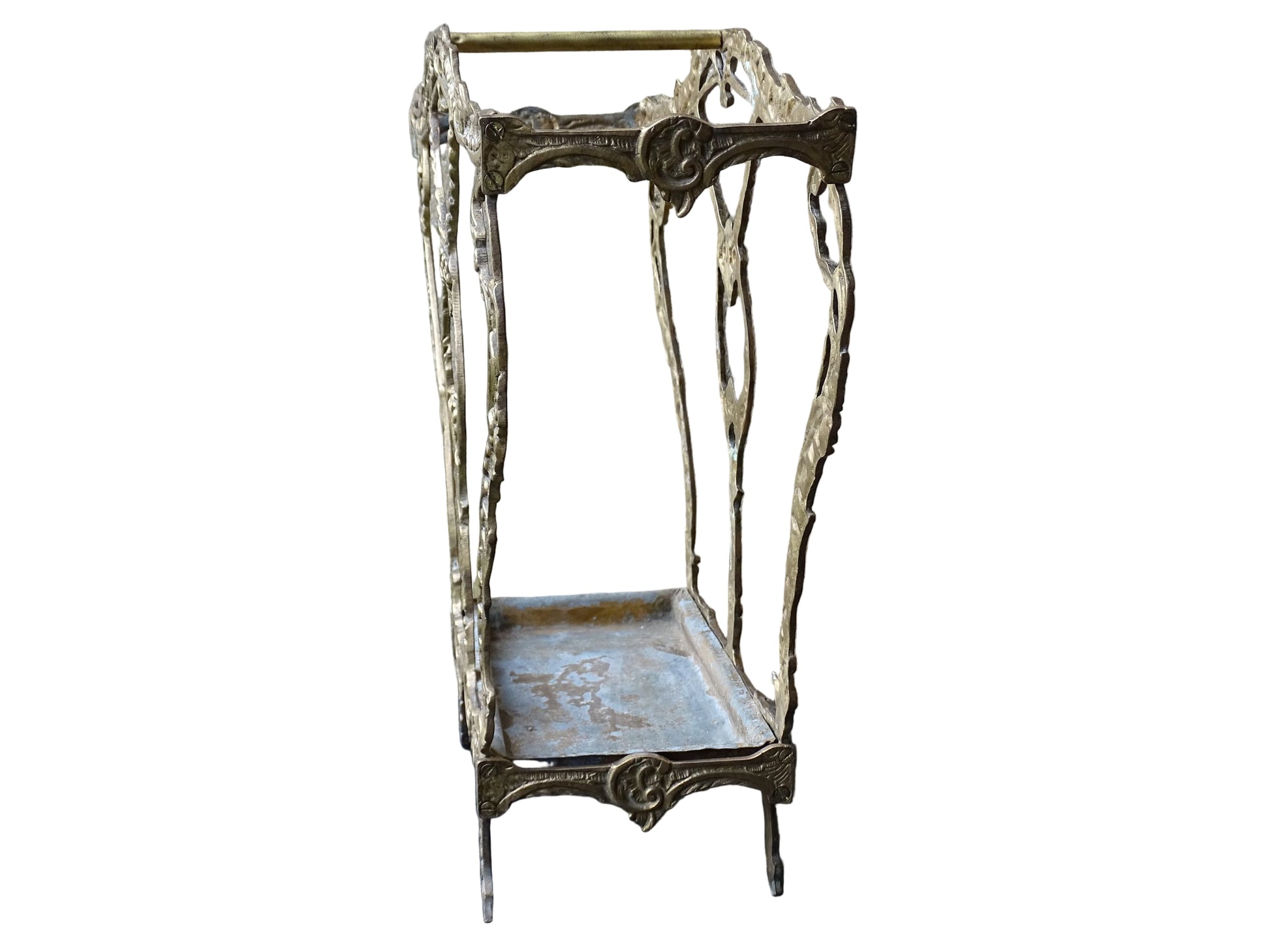 French vintage umbrella stand in gold with flower detailing.