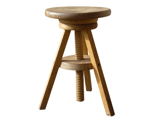 Vintage adjustable wooden stool, wood atelier stool. 
