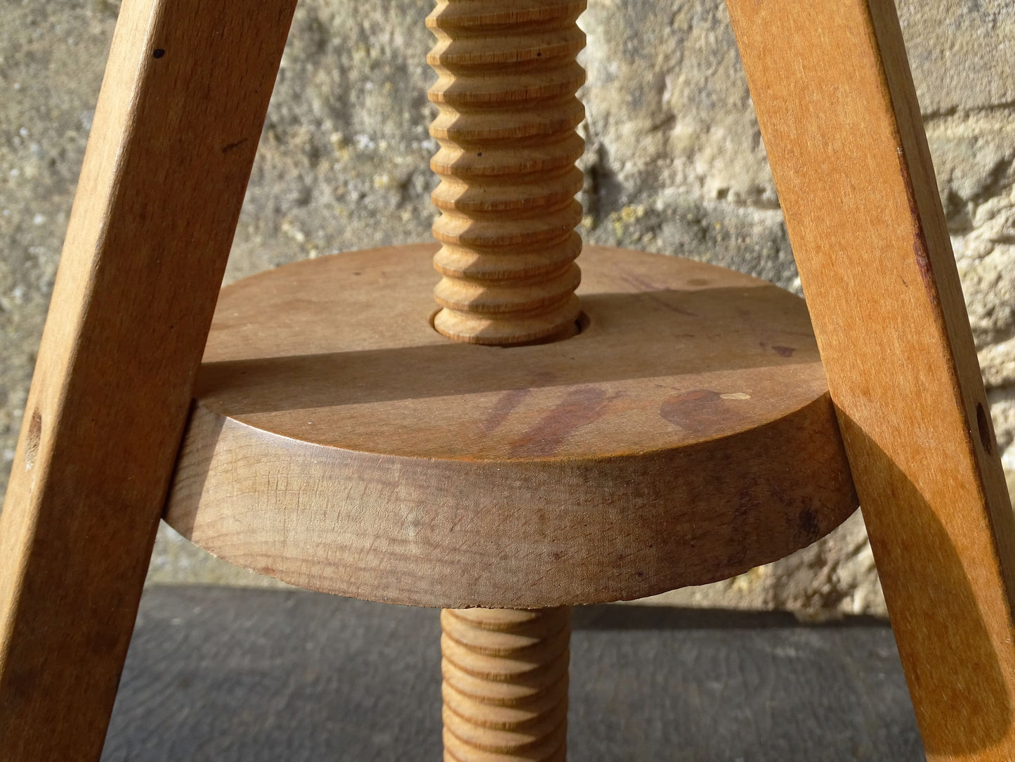 Vintage adjustable wooden stool, wood atelier stool. 