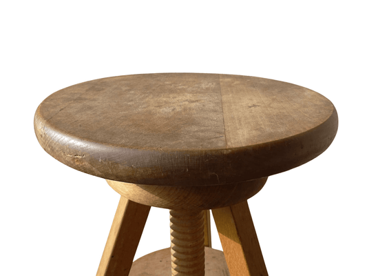 Vintage adjustable wooden stool, wood atelier stool. 