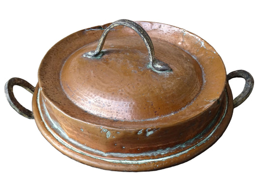 French antique copper pan with lid and wrought iron handles. 19th century copper tourtiere.