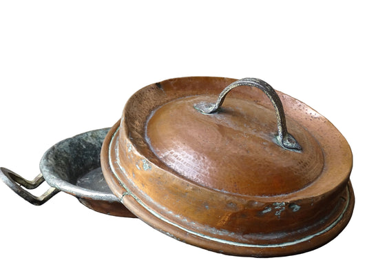 French antique copper pan with lid and wrought iron handles. 19th century copper tourtiere.