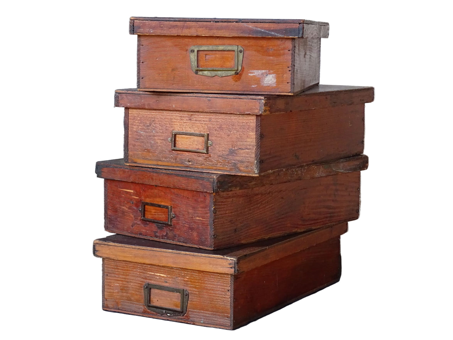 Set of four French antique wooden filing boxes or wood document boxes with their metal label holders. 
