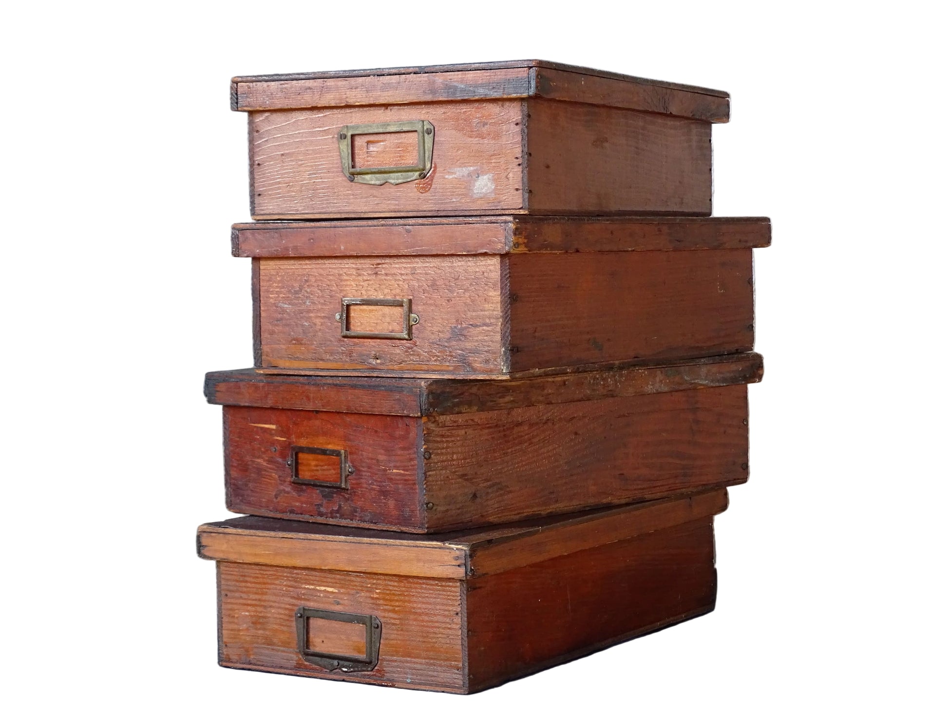 Set of four French antique wooden filing boxes or wood document boxes with their metal label holders. 