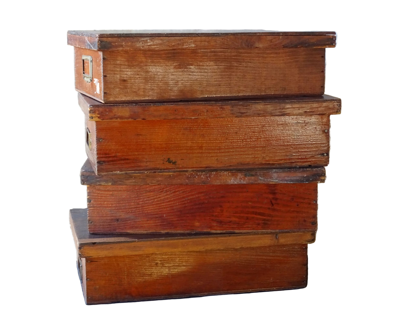 Set of four French antique wooden filing boxes or wood document boxes with their metal label holders. 