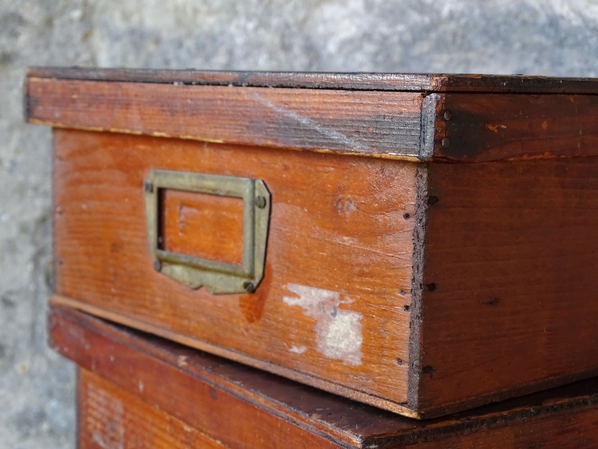 Set of four French antique wooden filing boxes or wood document boxes with their metal label holders. 