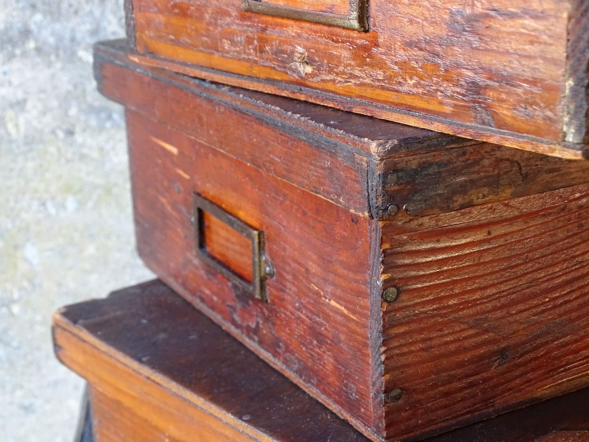Set of four French antique wooden filing boxes or wood document boxes with their metal label holders. 