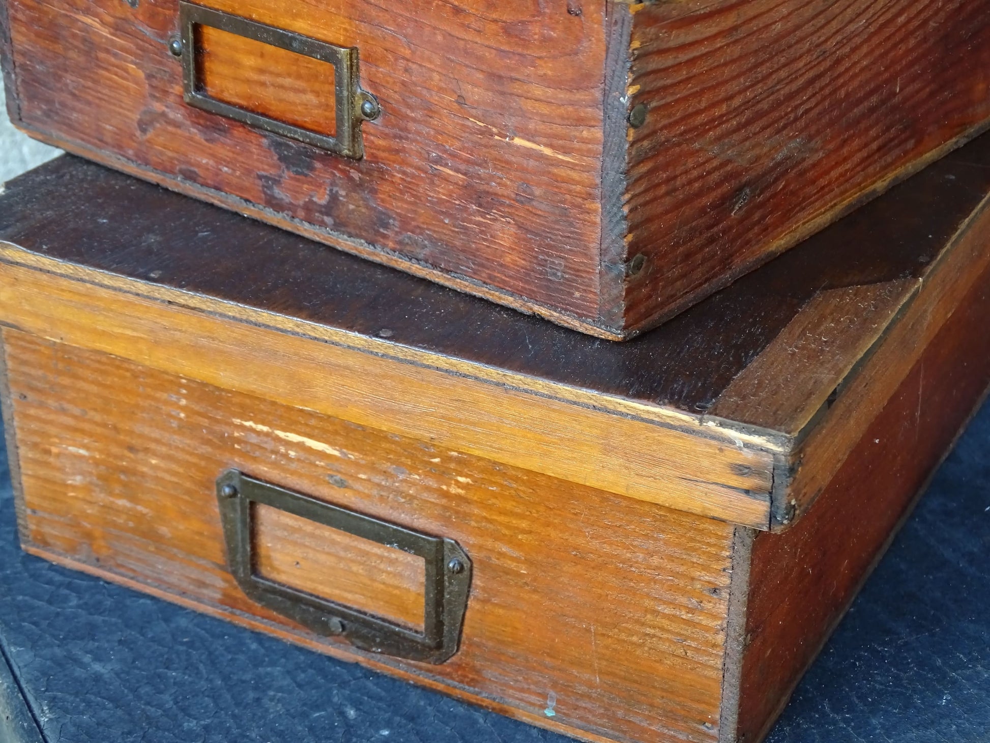 Set of four French antique wooden filing boxes or wood document boxes with their metal label holders. 