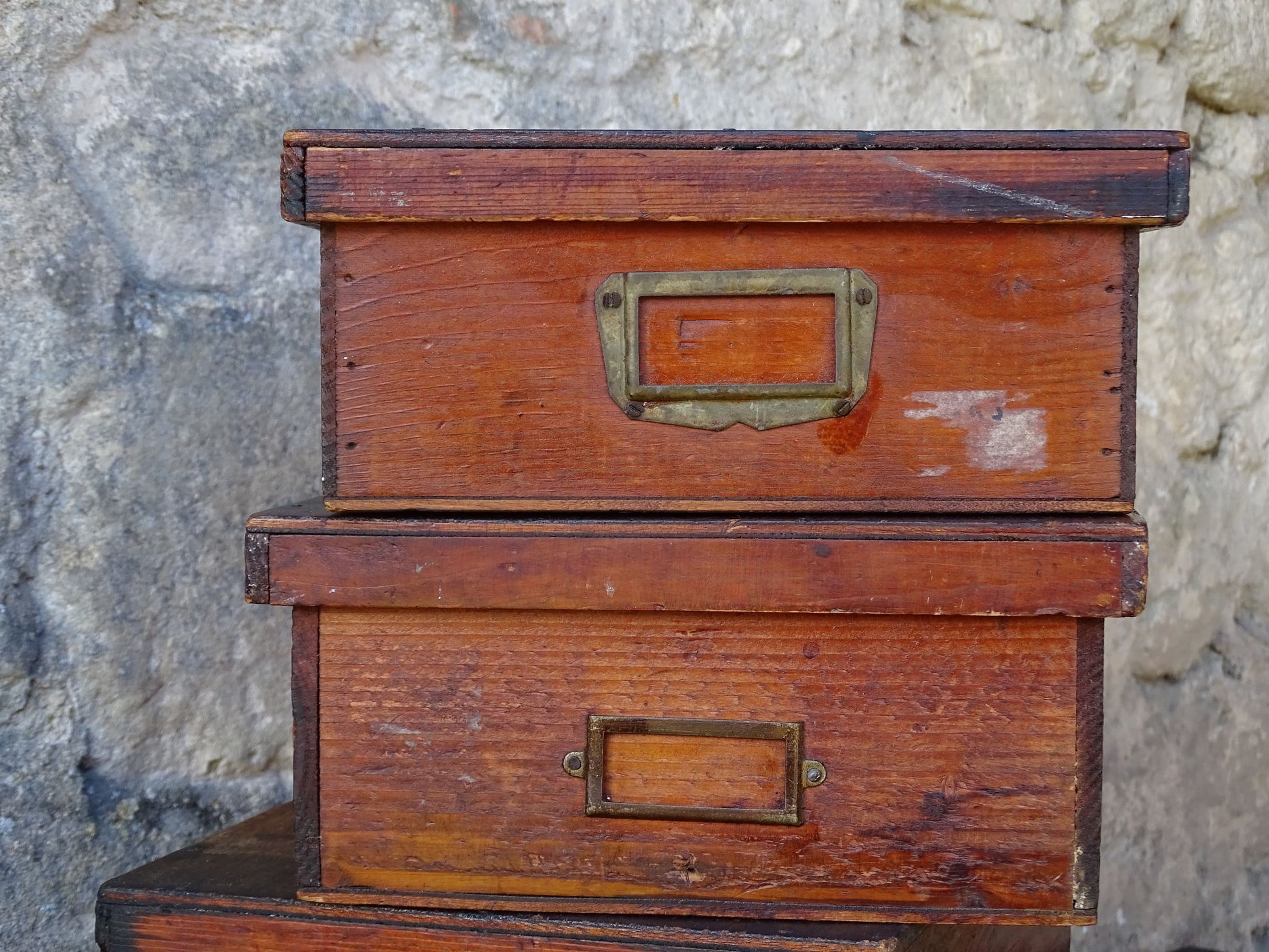Set of four French antique wooden filing boxes or wood document boxes with their metal label holders. 