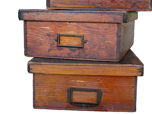 Set of four French antique wooden filing boxes or wood document boxes with their metal label holders. 