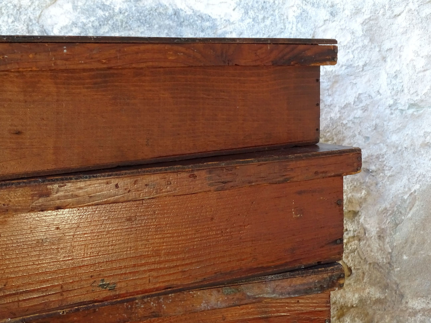 Set of four French antique wooden filing boxes or wood document boxes with their metal label holders. 