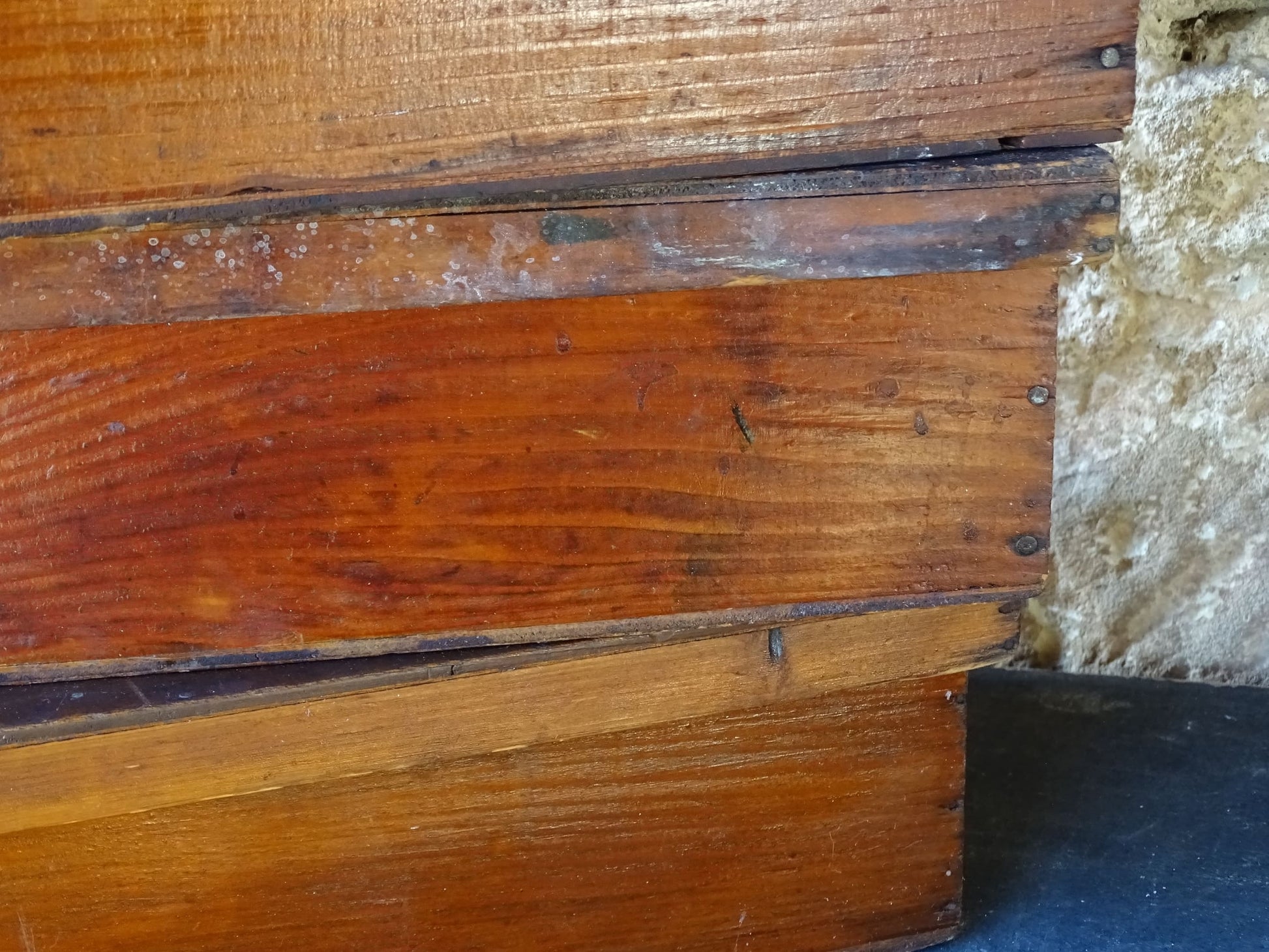 Set of four French antique wooden filing boxes or wood document boxes with their metal label holders. 