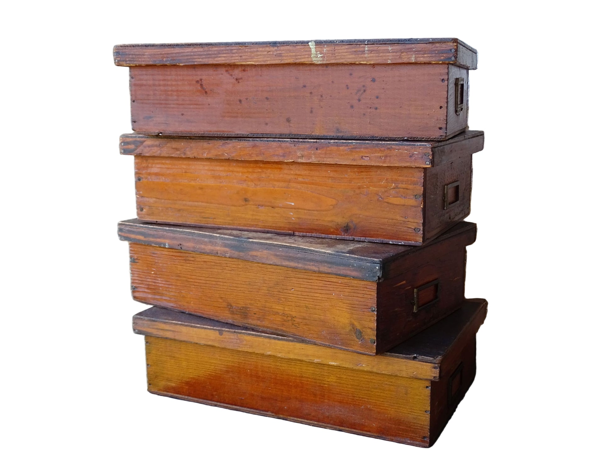 Set of four French antique wooden filing boxes or wood document boxes with their metal label holders. 