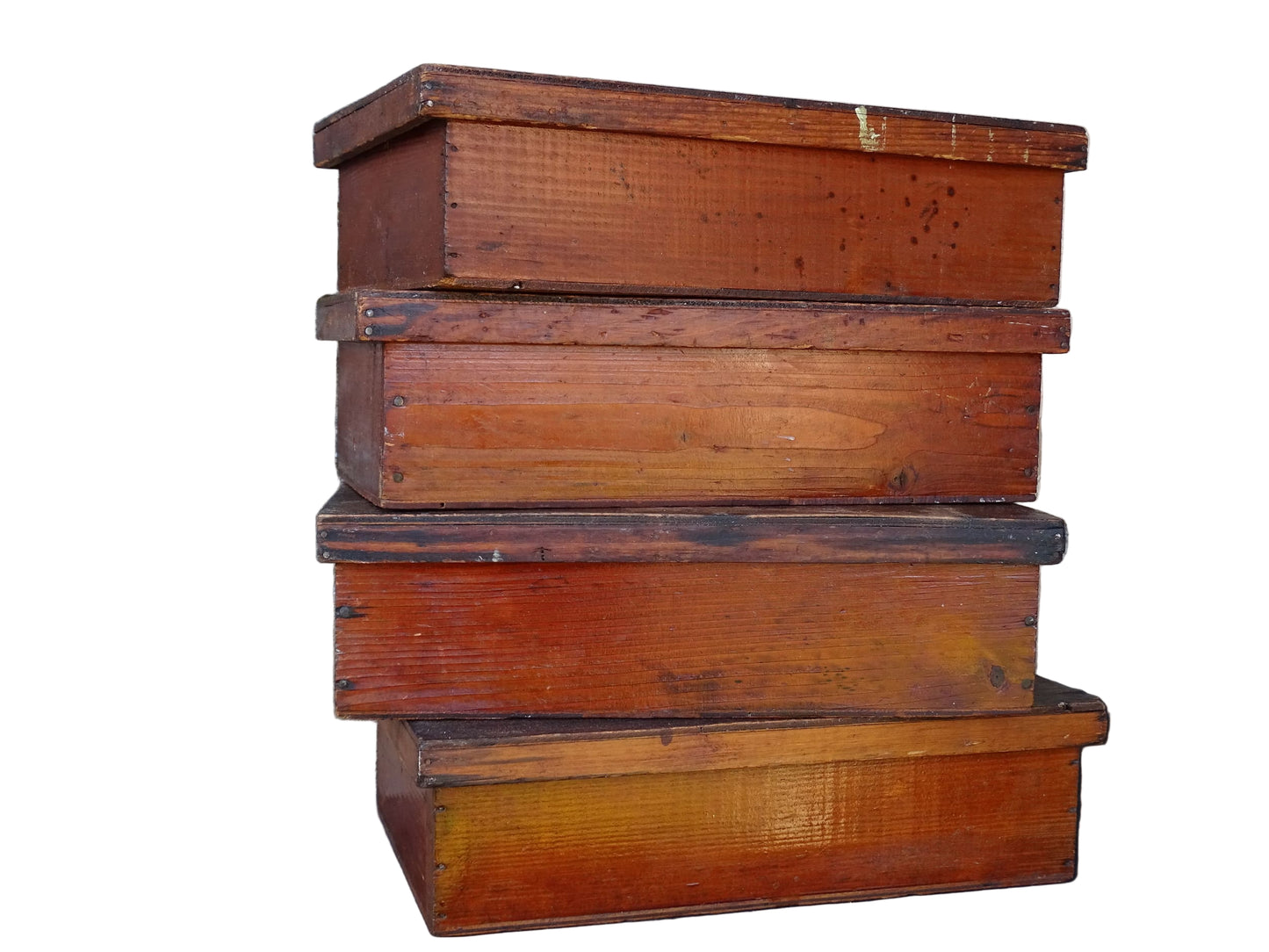 Set of four French antique wooden filing boxes or wood document boxes with their metal label holders. 