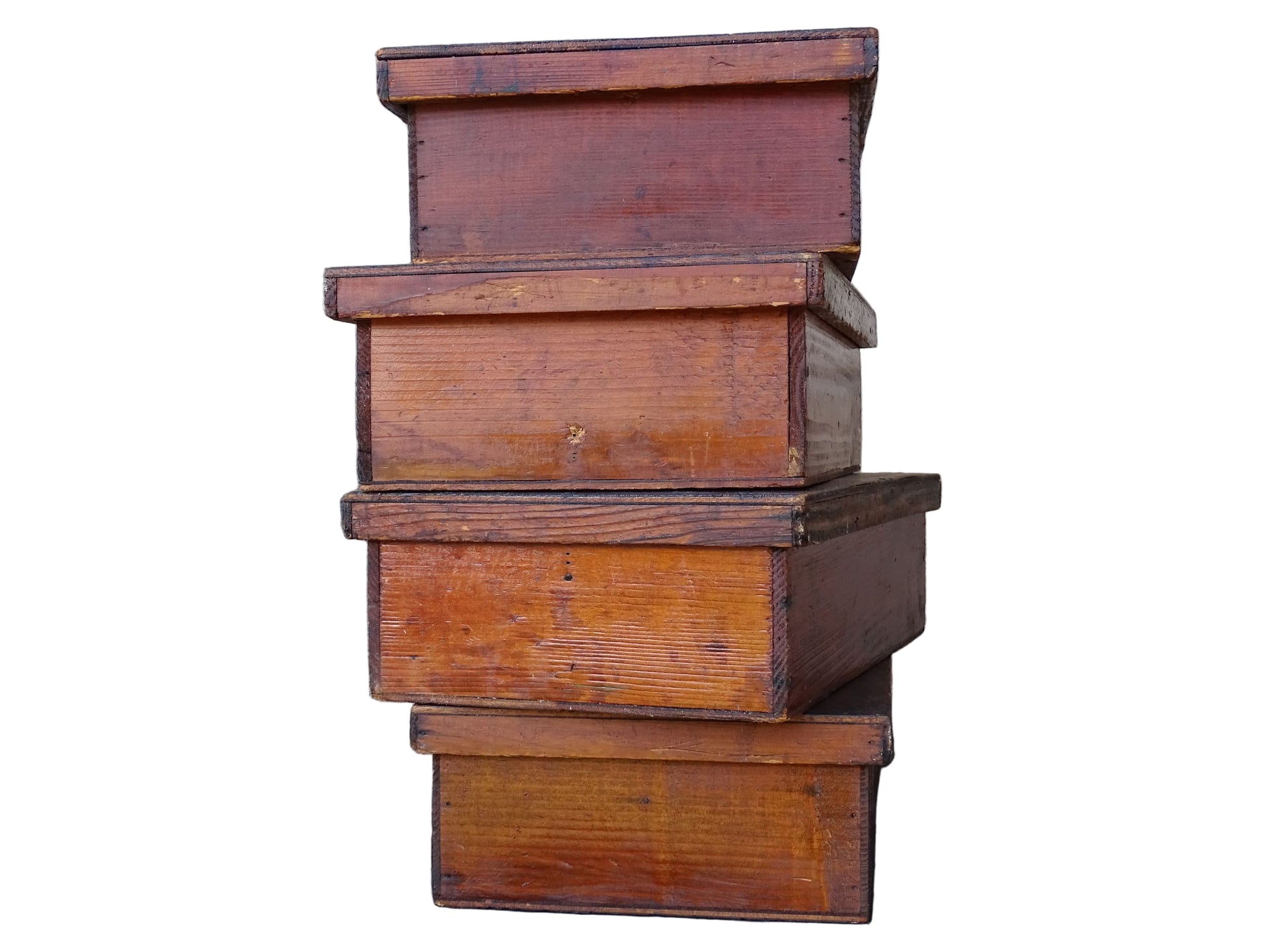 Set of four French antique wooden filing boxes or wood document boxes with their metal label holders. 