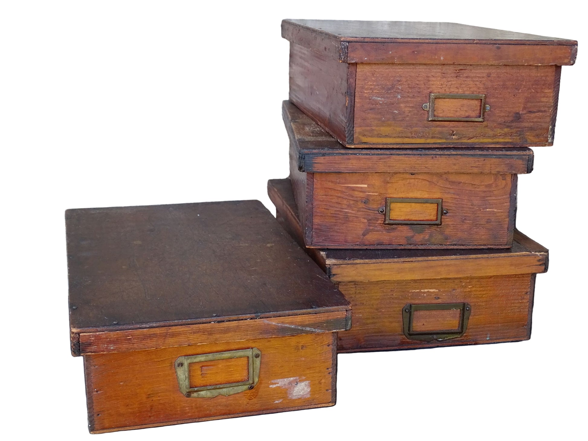 Set of four French antique wooden filing boxes or wood document boxes with their metal label holders. 