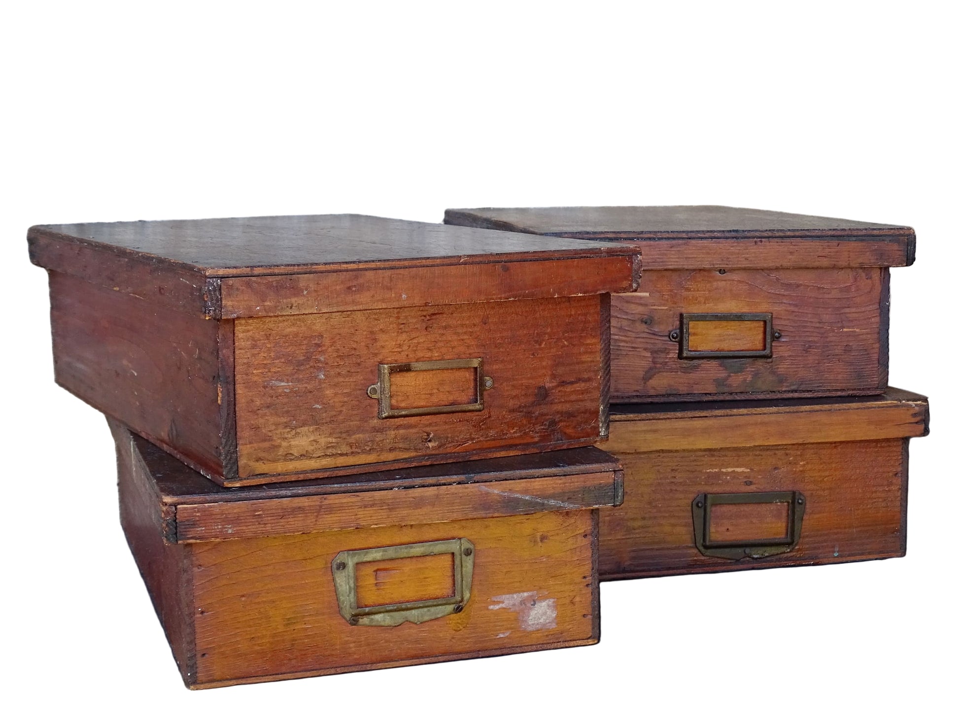 Set of four French antique wooden filing boxes or wood document boxes with their metal label holders. 