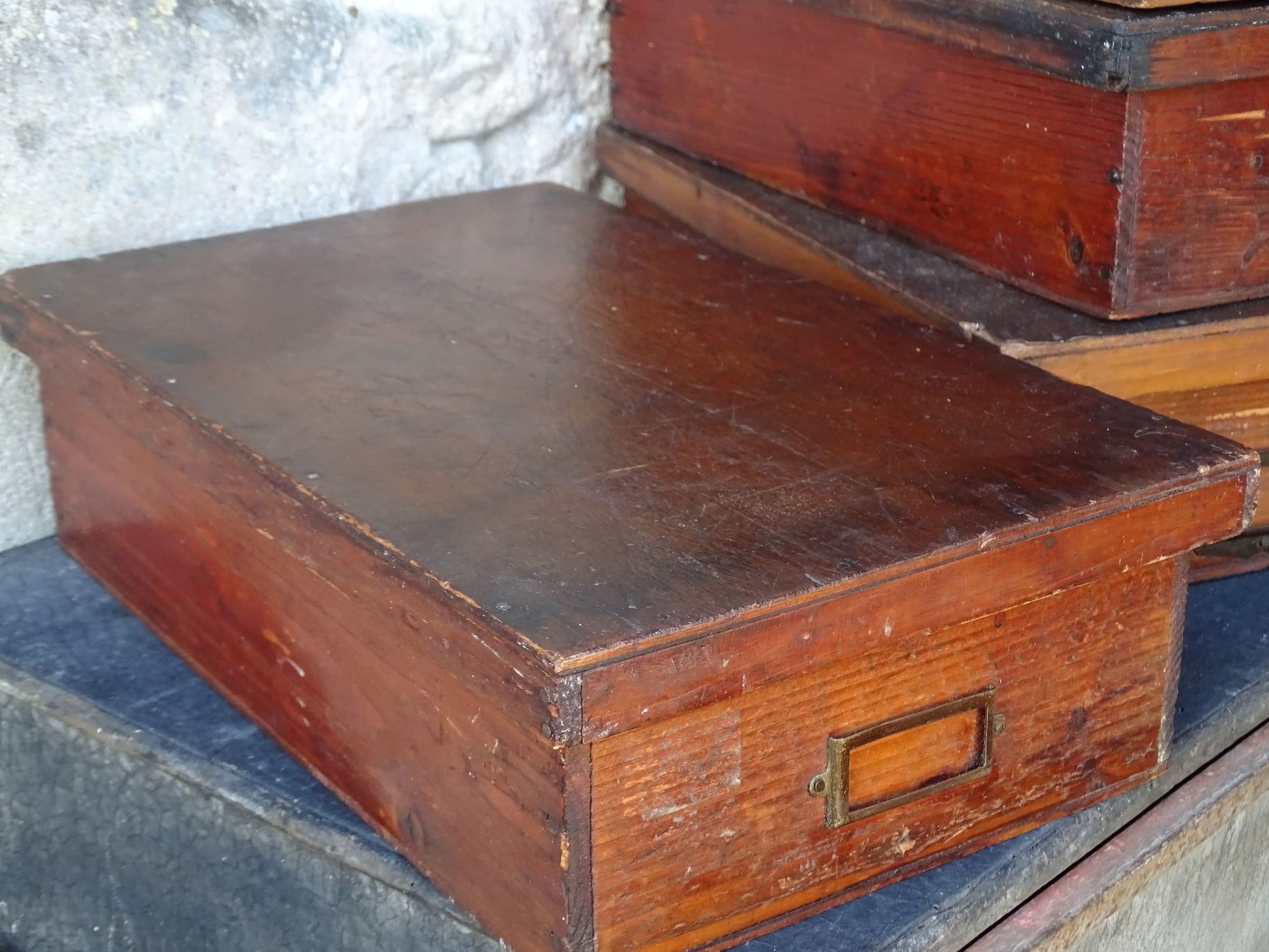 Set of four French antique wooden filing boxes or wood document boxes with their metal label holders. 