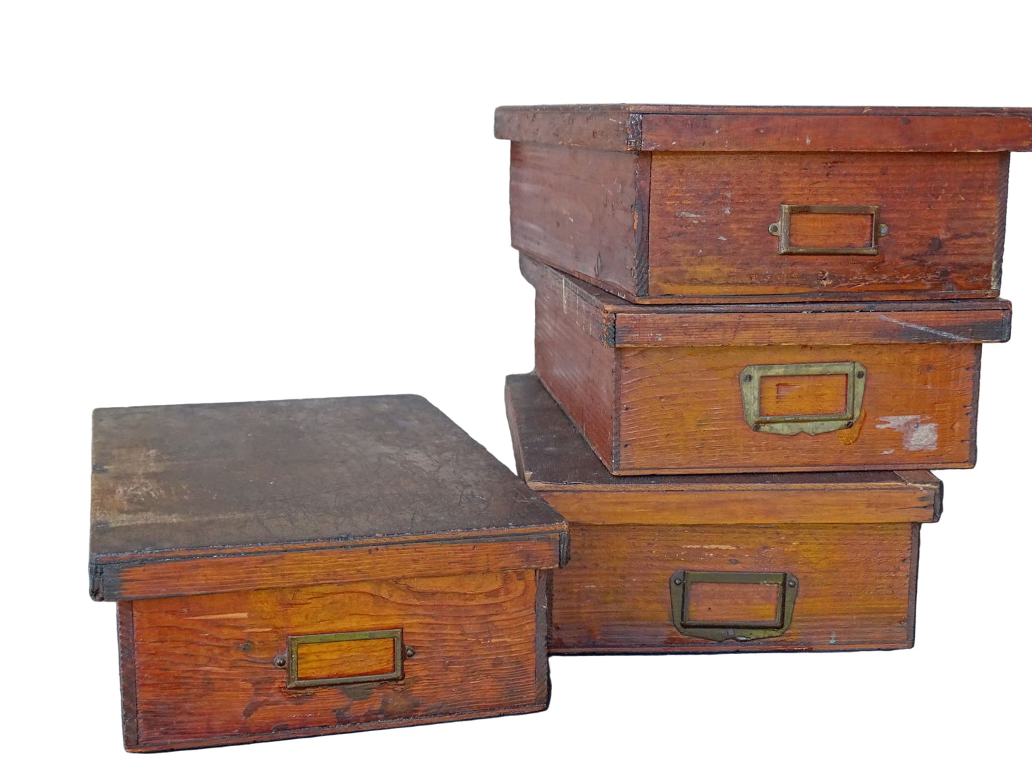 Set of four French antique wooden filing boxes or wood document boxes with their metal label holders. 