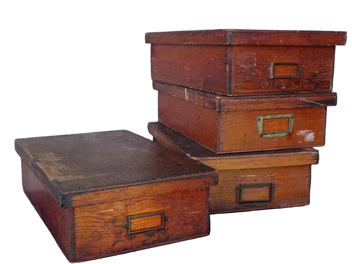Set of four French antique wooden filing boxes or wood document boxes with their metal label holders. 