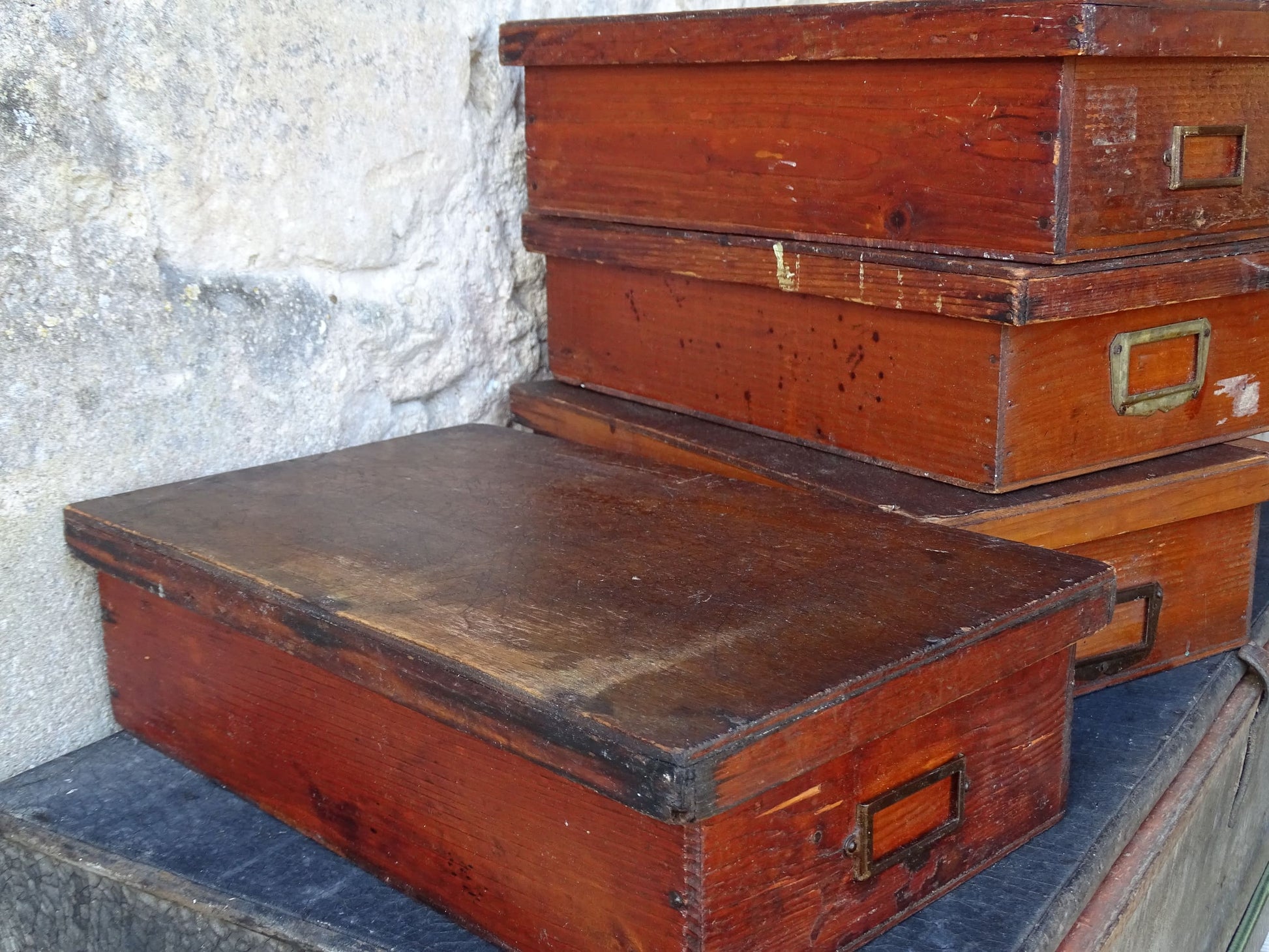 Set of four French antique wooden filing boxes or wood document boxes with their metal label holders. 