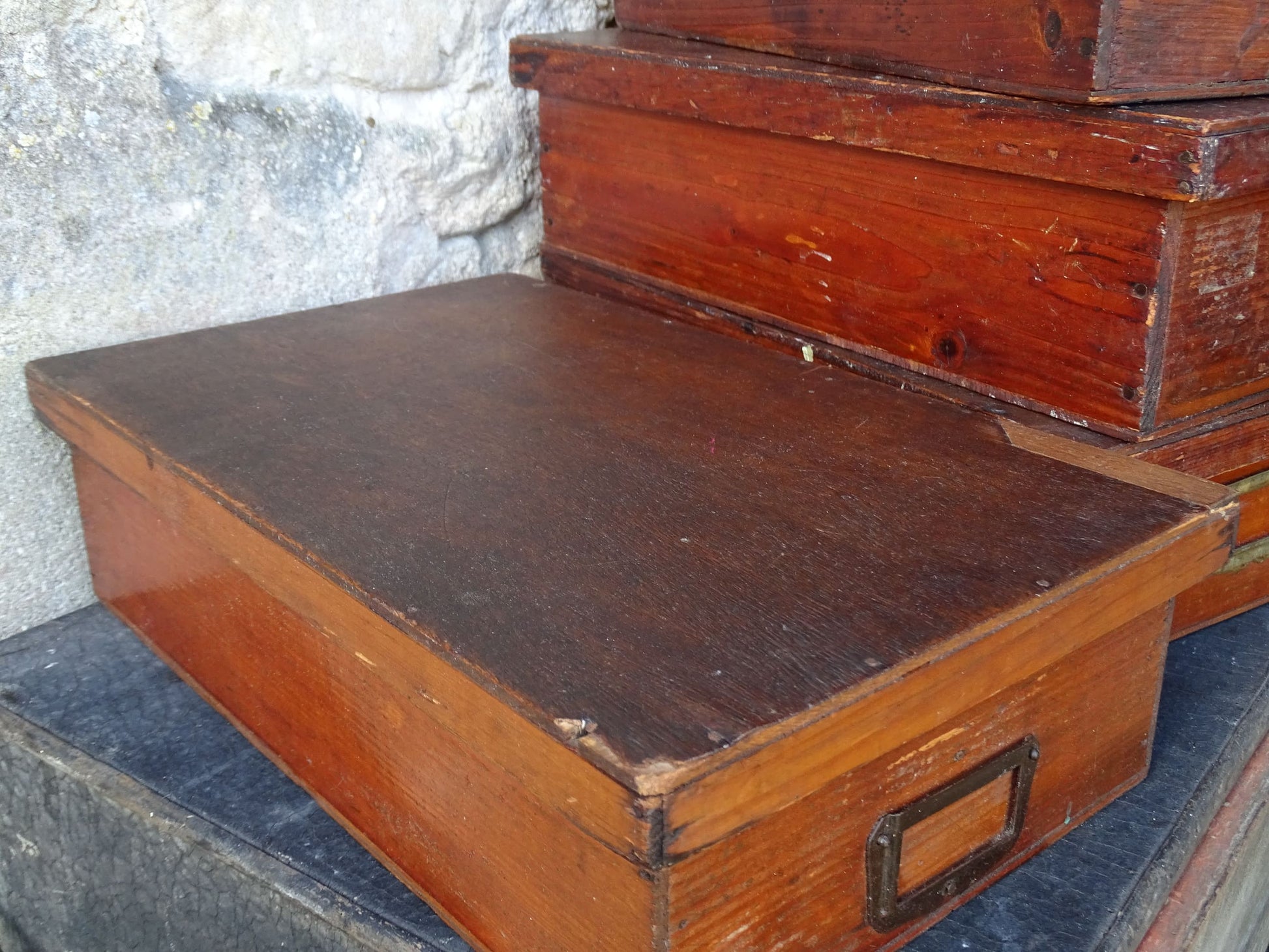 Set of four French antique wooden filing boxes or wood document boxes with their metal label holders. 