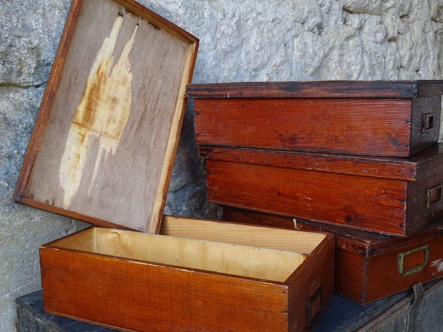 Set of four French antique wooden filing boxes or wood document boxes with their metal label holders. 