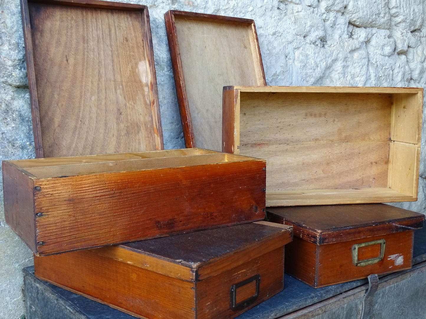Set of four French antique wooden filing boxes or wood document boxes with their metal label holders. 