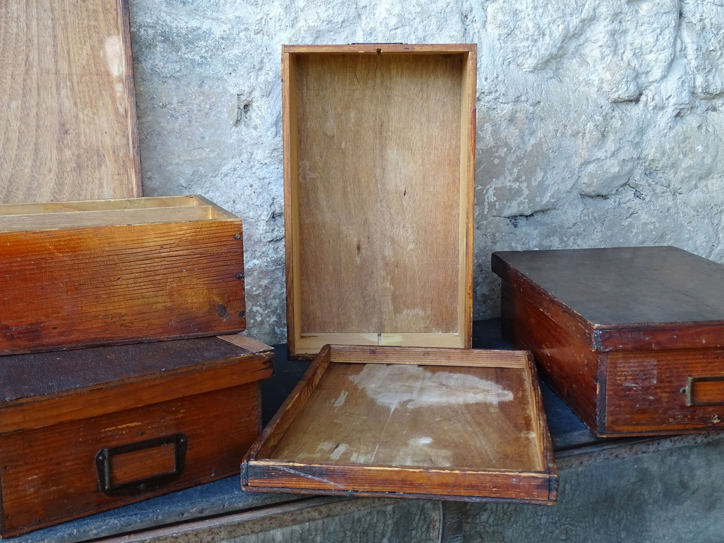 Set of four French antique wooden filing boxes or wood document boxes with their metal label holders. 