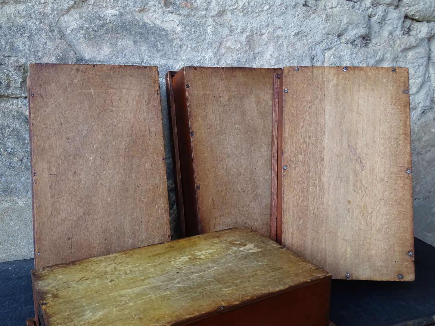 Set of four French antique wooden filing boxes or wood document boxes with their metal label holders. 