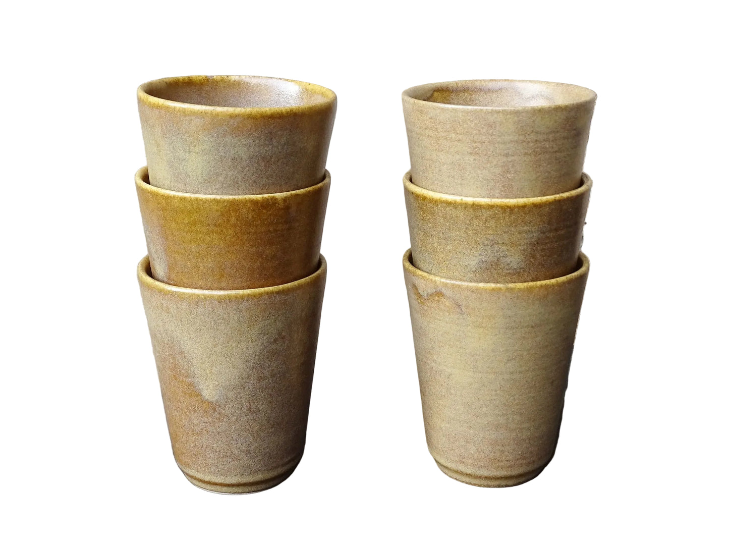 Set of six rustic vintage stoneware cups or pottery tumblers by Digoin in neutral tones. 