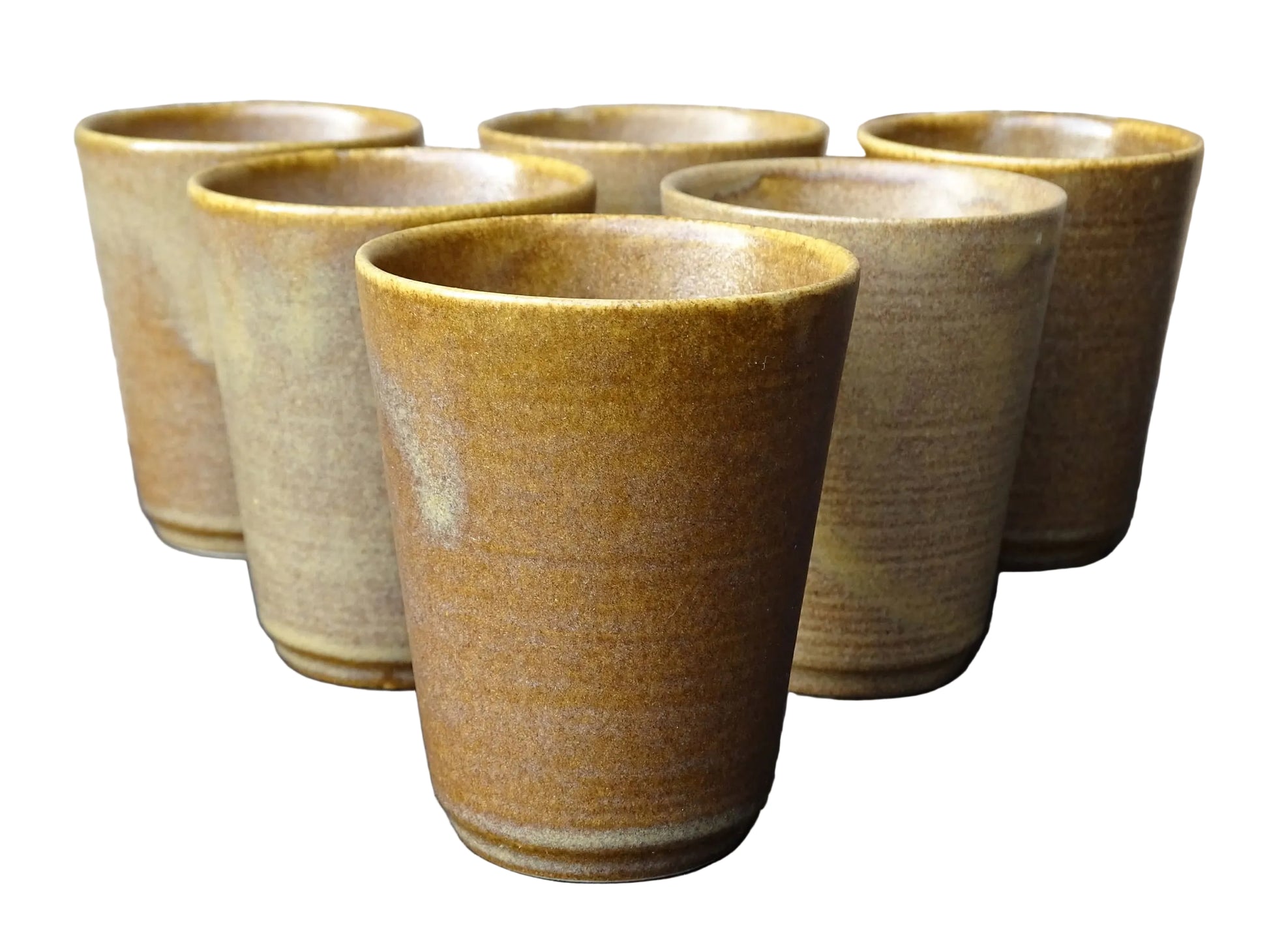 Set of six rustic vintage stoneware cups or pottery tumblers by Digoin in neutral tones. 
