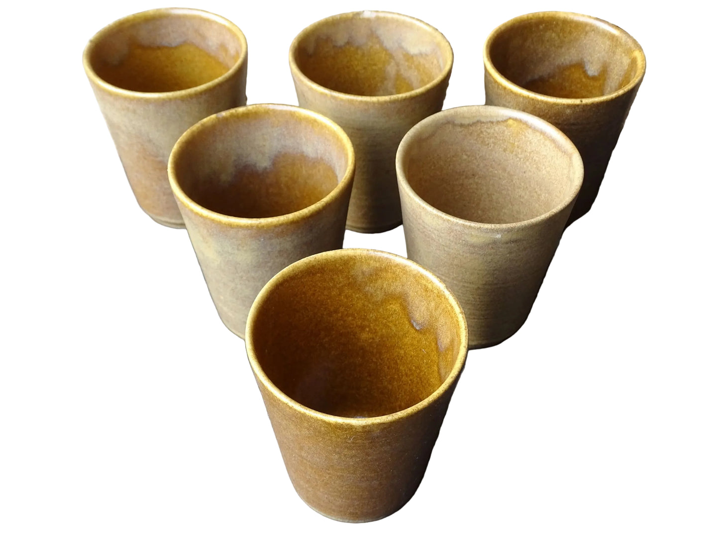 Set of six rustic vintage stoneware cups or pottery tumblers by Digoin in neutral tones. 