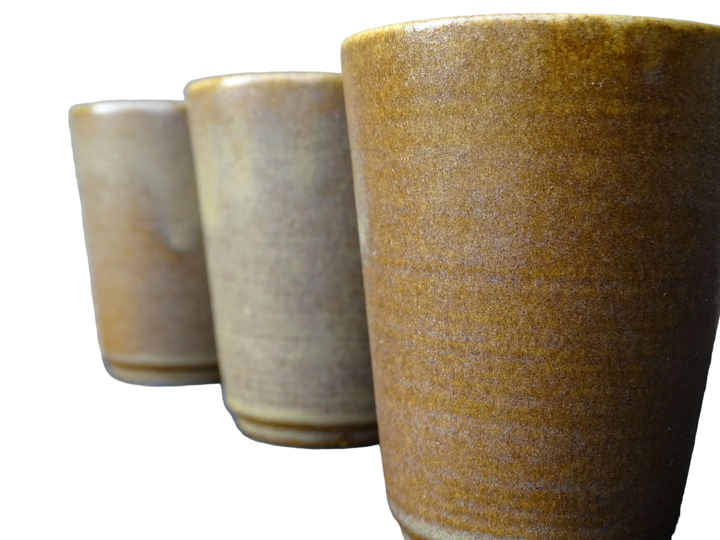 Set of six rustic vintage stoneware cups or pottery tumblers by Digoin in neutral tones. 