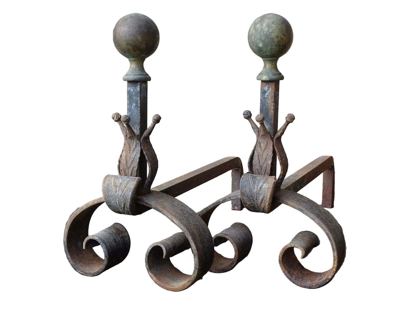 Pair of French antique wrought iron andirons or firedogs with brass finials. 